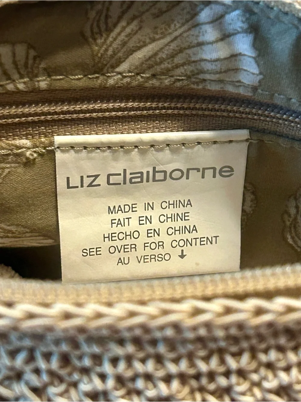 Liz Claiborne Beige Woven Crochet Crossbody Bag Seashell Print Lining